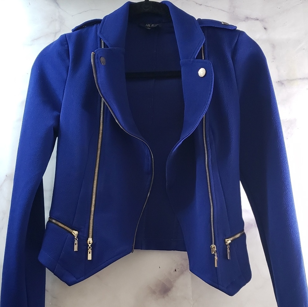 Blue Fitted Moto Coat Open Blazer Faux Zip Design